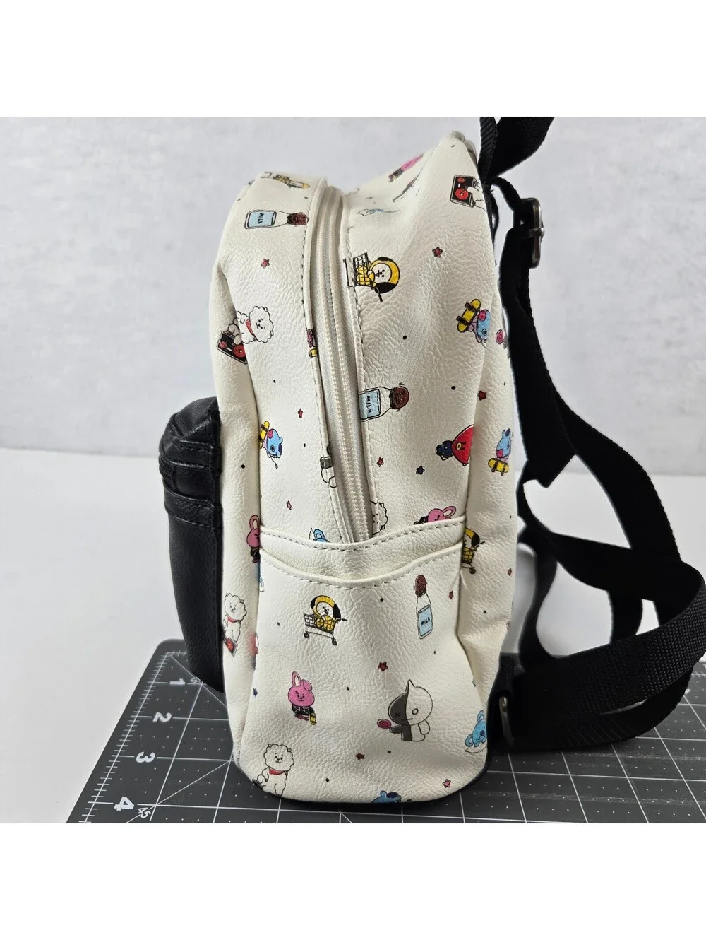 BT21 Mini Backpack White with Character Print and Black Front Pocket